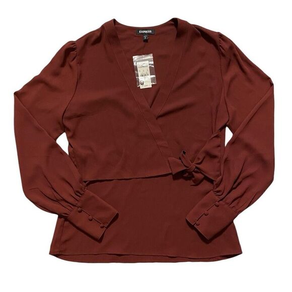 Express Merlot Long Sleeve Tie Front Wrap Chiffon Office Blouse NWT | Size Small - Picture 5 of 5
